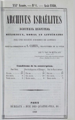 Archives israélites de France. Vol.21 N°08 (août 1860)